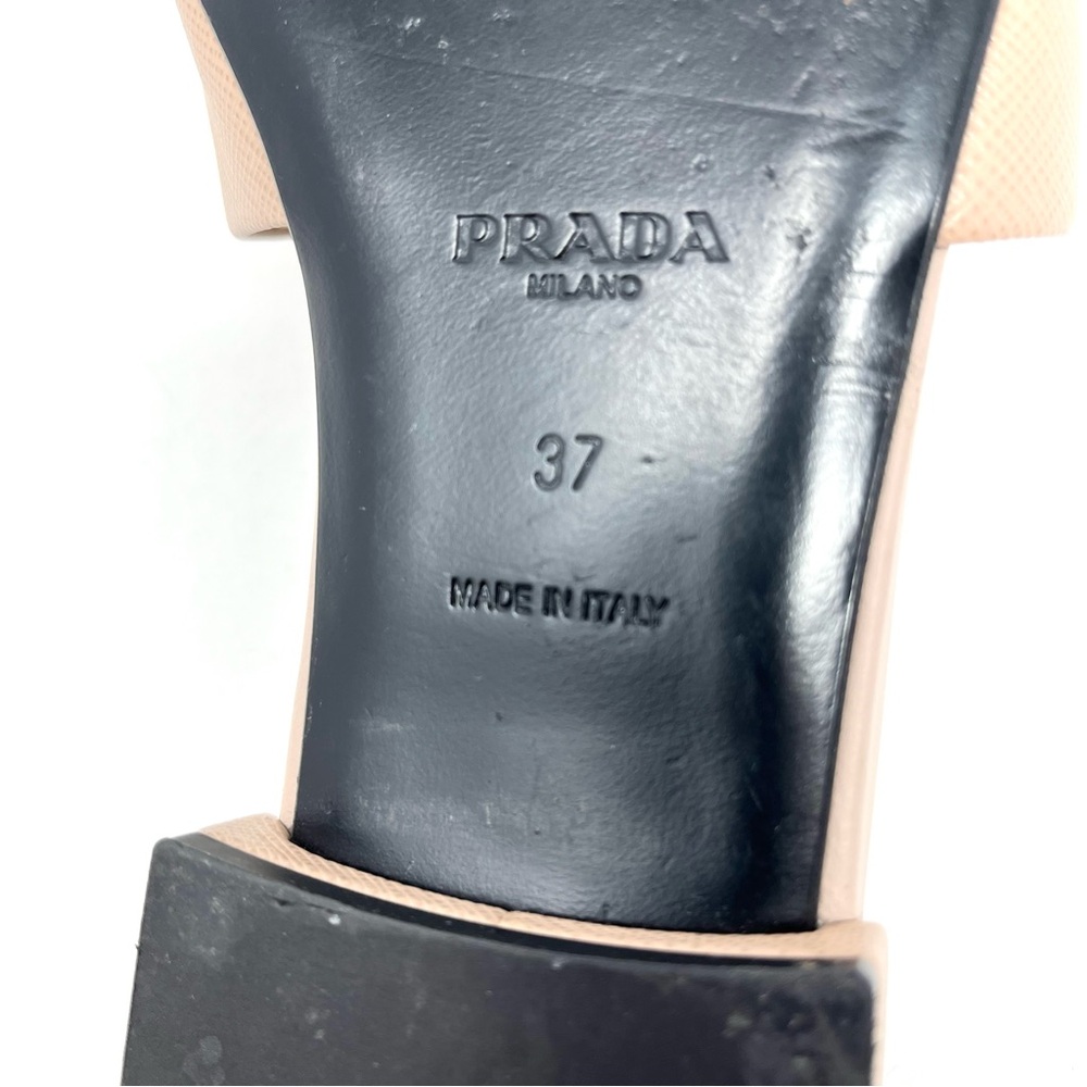 Prada Beige Nude Tan Saffiano Leather Triangle Logo Flat Slides Sandals 37 7 - Picture 8 of 10